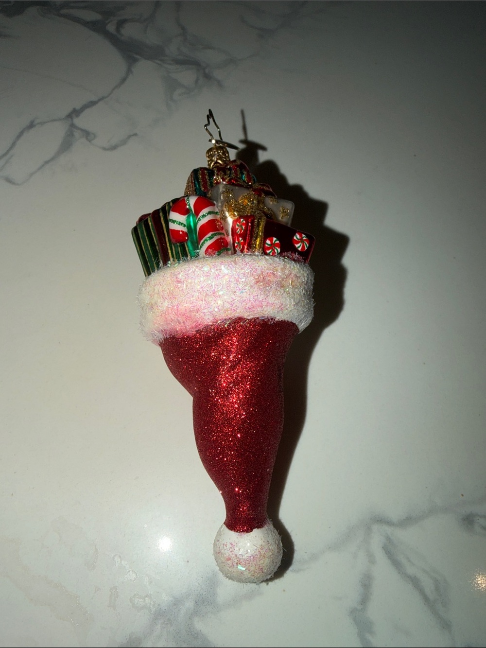 Vintage Christopher Radko Glass Ornament Glittery Santa Hat with gifts & Candy